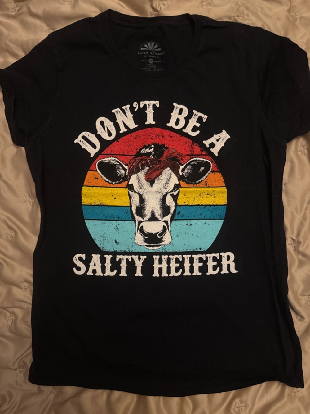 Don't Be A Salty Heifer Graphic Tee - Black with Retro Rainbow Cow